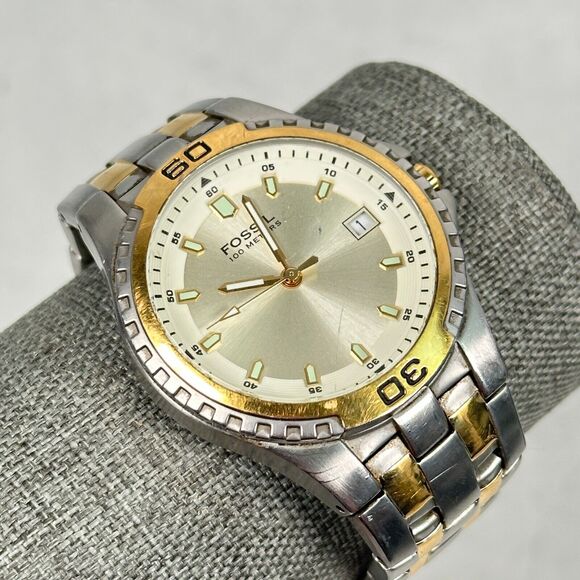 Fossil Blue Watch Mens 38mm Date Rotating Bezel Two Tone AM-3886 New Battery - Picture 1 of 11